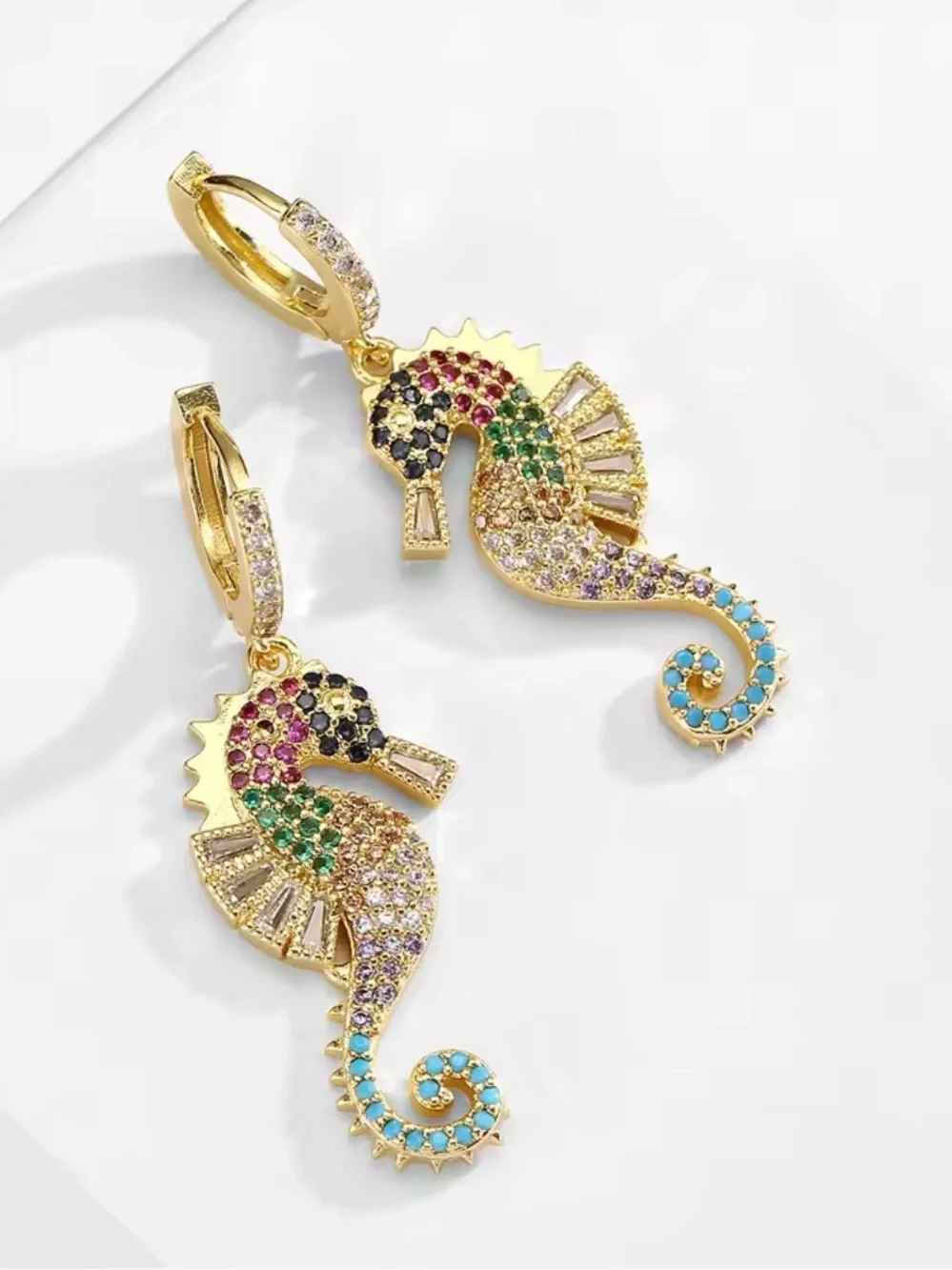 14k Multigem Seahorse Drop Hoop Earrings
